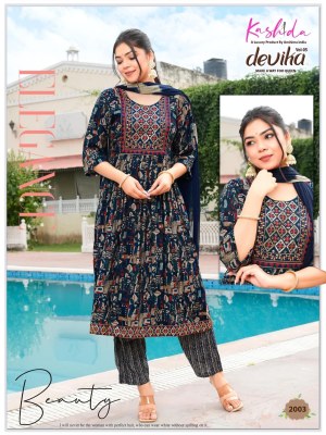 Devika vol 5 by Kashida Heavy Capsuale foil printed nyra cut kurti bottom and dupatta catalogue readymade suit catalogs