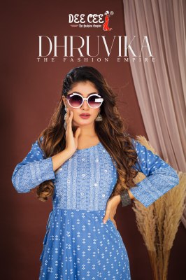 Dhruvika by Deecee reyon Flared kali style scree printed kurti catalogue at affordable rate Dee cee