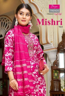 Diya Trends Mishri Vol 1 Straight Kurti with Pant And Jacquard Sequence Dupatta Vertican Print Fancy Embroidery Work Wholesale Diya Trends