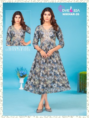 Dveeja fashion present Nikhar reyon foil print alia cut kurti catalogue at wholesale rate kurtis catalogs