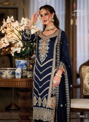 Eba lifestyle launch muscat premium silk with embroidered  work fancy readymade palazzo suit catalogue readymade suit catalogs