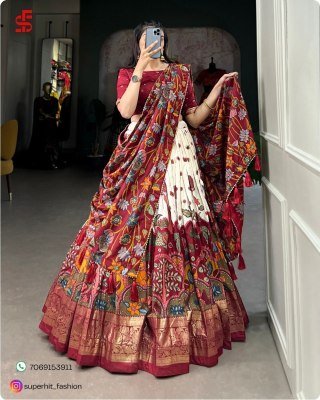Exclusive Tussar Silk Kalamkari Lehenga Choli Set 1219 Cream Colour with Shimmering Foil and Gotta Patti Lace And Tassel Embellished Dupatta Wholesale lehenga choli