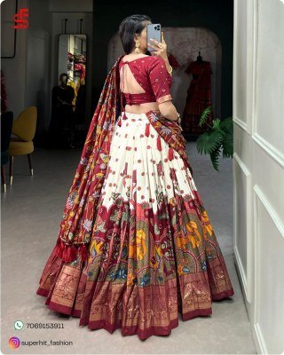 Exclusive Tussar Silk Kalamkari Lehenga Choli Set 1219 Cream Colour with Shimmering Foil and Gotta Patti Lace And Tassel Embellished Dupatta Wholesale lehenga choli