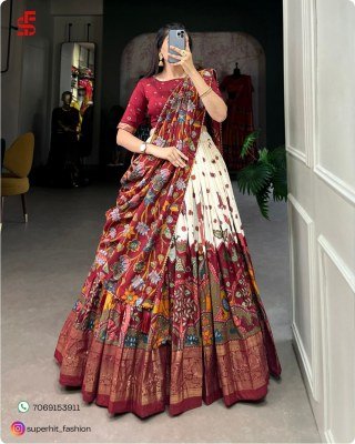 Exclusive Tussar Silk Kalamkari Lehenga Choli Set 1219 Cream Colour with Shimmering Foil and Gotta Patti Lace And Tassel Embellished Dupatta Wholesale lehenga choli