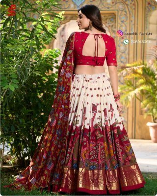 Exclusive Tussar Silk Kalamkari Lehenga Choli Set 1219 Cream Colour with Shimmering Foil and Gotta Patti Lace And Tassel Embellished Dupatta Wholesale lehenga choli