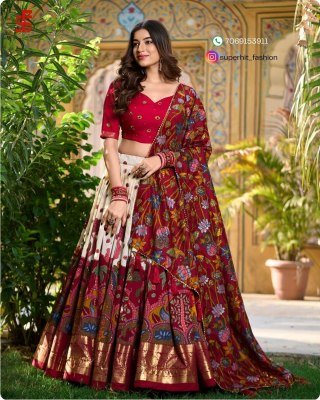 Exclusive Tussar Silk Kalamkari Lehenga Choli Set 1219 Cream Colour with Shimmering Foil and Gotta Patti Lace And Tassel Embellished Dupatta Wholesale lehenga choli