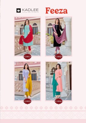 Feeza by Kadlee reyon wrinkle handwork kurti pant and dupatta catalogue at low rate readymade suit catalogs