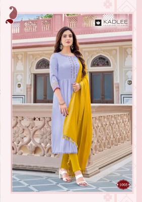 Feeza by Kadlee reyon wrinkle handwork kurti pant and dupatta catalogue at low rate readymade suit catalogs