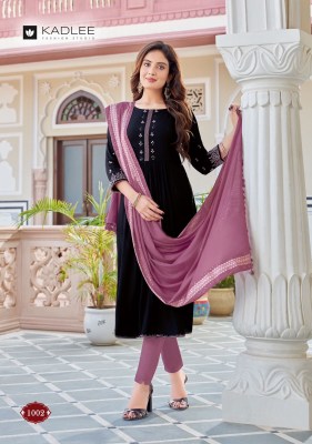 Feeza by Kadlee reyon wrinkle handwork kurti pant and dupatta catalogue at low rate readymade suit catalogs