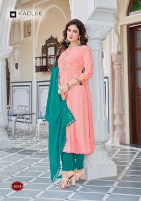 Feeza by Kadlee reyon wrinkle handwork kurti pant and dupatta catalogue at low rate readymade suit catalogs