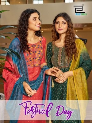 Festival day by blue hills chanderi foil printed kurti pant and dupatta catalogue Blue hills Kurti 