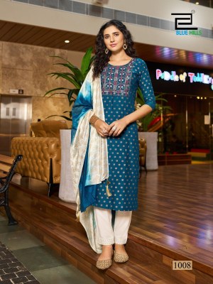 Festival day by blue hills chanderi foil printed kurti pant and dupatta catalogue readymade suit catalogs