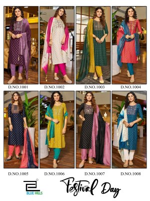 Festival day by blue hills chanderi foil printed kurti pant and dupatta catalogue readymade suit catalogs