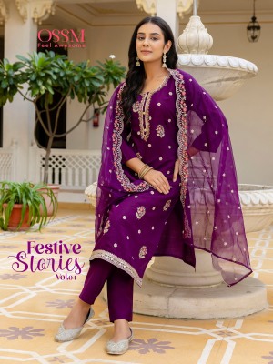 Festive stories vol 4 by Ossm viscorse roman silk hand embroidered readymade suit catalogue at affordable rate wholesale catalogs