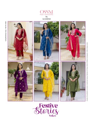 Festive stories vol 4 by Ossm viscorse roman silk hand embroidered readymade suit catalogue at affordable rate readymade suit catalogs