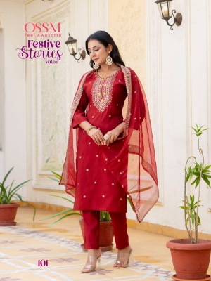 Festive stories vol 4 by Ossm viscorse roman silk hand embroidered readymade suit catalogue at affordable rate readymade suit catalogs