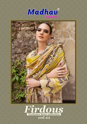 Firdous vol 1 by Madhav Heavy lawn cotton unstitched dress material collection at amavi expo wholesale catalogs