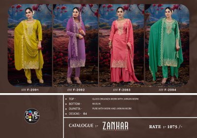 Fourdots Zankar Unstitched Premium Organza Jarkan Work Suit Set with Muslin Bottom And Pure Work Dupatta Wholesale dress material catalogs