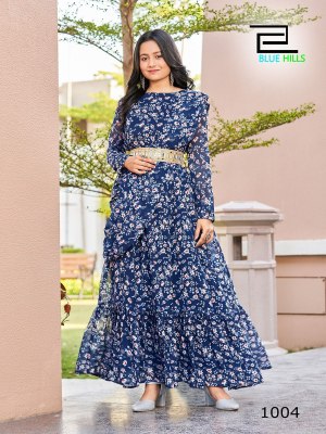 Frill and Flare Blue Hills pure georgette flower printed Gown with mirror work belt catalogue gown catalogs