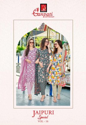 Ganpati Jaipuri Vol 16 Pure Cotton Printed Kurti Pant with Dupatta 3 Piece Ethnic Set Wholesale Ganpati Suits