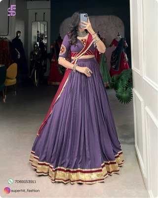 Garba Glam 1750 Purple Colour Pure Rayon Lehenga with Mirror, Sequin And Cowrie Accents Twilight Twirl Navratri Lehenga with Raised Designs And Shiny  lehenga choli
