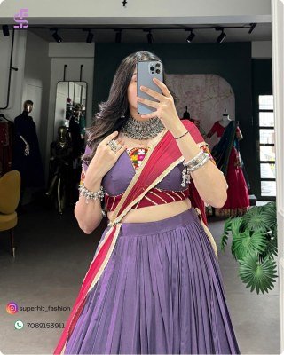 Garba Glam 1750 Purple Colour Pure Rayon Lehenga with Mirror, Sequin And Cowrie Accents Twilight Twirl Navratri Lehenga with Raised Designs And Shiny  lehenga choli