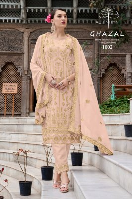 Ghazal by AL Fathima Faux Georgette Heavy Embroidered Fancy Kurti Pant and dupatta catalogue at affordable rate readymade suit catalogs