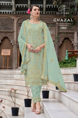 Ghazal by AL Fathima Faux Georgette Heavy Embroidered Fancy Kurti Pant and dupatta catalogue at affordable rate readymade suit catalogs