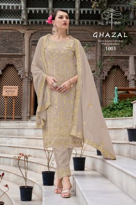 Ghazal by AL Fathima Faux Georgette Heavy Embroidered Fancy Kurti Pant and dupatta catalogue at affordable rate readymade suit catalogs