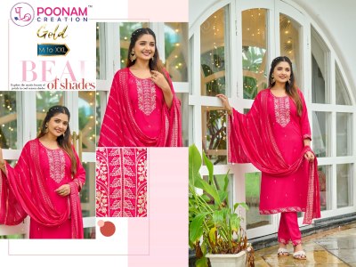 Gold by Poonam Heavy Roman Silk embroidered Kurti pant and dupatta catalogue at affordable rate readymade suit catalogs