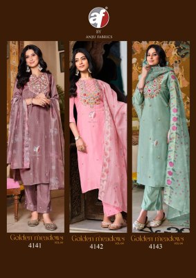 Golden Medows vol 4 by Anju fabric pure Muslin embroidered designer readymade suit catalogue at affordable rate readymade suit catalogs