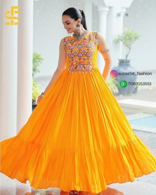 Gown love 9258 Yellow Colour Navratri Rayon Gown with Kutchi Gamthi Thread Embroidery And Mirror Work Wholesale gowns