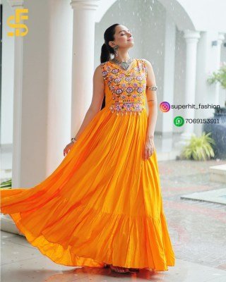 Gown love 9258 Yellow Colour Navratri Rayon Gown with Kutchi Gamthi Thread Embroidery And Mirror Work Wholesale gowns