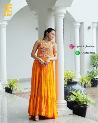 Gown love 9258 Yellow Colour Navratri Rayon Gown with Kutchi Gamthi Thread Embroidery And Mirror Work Wholesale gowns