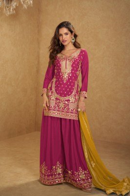 Gulkayra Designer Aarushi Unstitched Suit Set Real Chinon Top  Dupatta And Plazzo with Premium Embroidery And Handwork Wholesale dress material catalogs