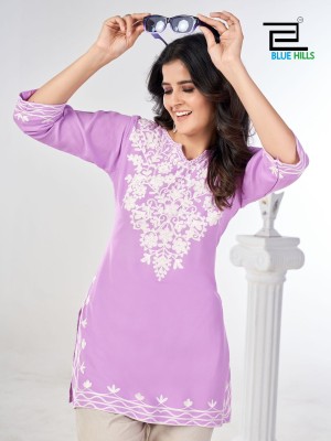 Gulmarg vol 3 by Blue hills reyon embroidered neck work short kurti catalogue Blue hills Kurti 