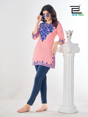 Gulmarg vol 3 by Blue hills reyon embroidered neck work short kurti catalogue kurtis catalogs