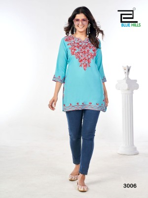 Gulmarg vol 3 by Blue hills reyon embroidered neck work short kurti catalogue kurtis catalogs