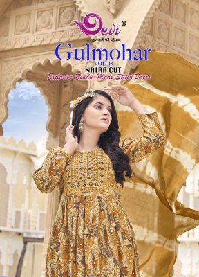 Gulmohar Vol 3 by Devi Heavy Musline Fabric Digital Printed With Neck Embroidered Patch and Nayra Cut Pattern catalogue at affordable rate wholesale catalogs