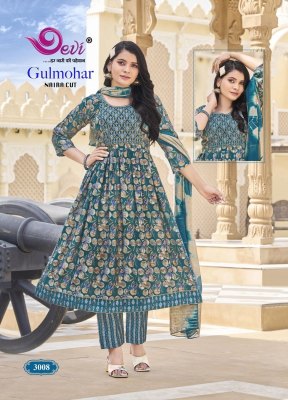 Gulmohar Vol 3 by Devi Heavy Musline Fabric Digital Printed With Neck Embroidered Patch and Nayra Cut Pattern catalogue at affordable rate readymade suit catalogs