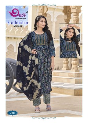 Gulmohar Vol 3 by Devi Heavy Musline Fabric Digital Printed With Neck Embroidered Patch and Nayra Cut Pattern catalogue at affordable rate readymade suit catalogs