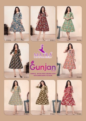 Gunjan by mayra pure reyon printed embroidered work kurti catalogue kurtis catalogs