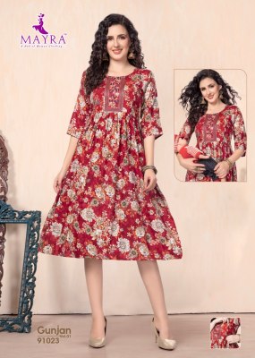 Gunjan by mayra pure reyon printed embroidered work kurti catalogue kurtis catalogs