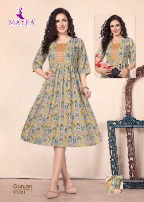 Gunjan by mayra pure reyon printed embroidered work kurti catalogue kurtis catalogs