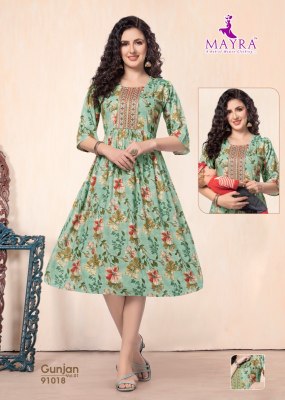 Gunjan by mayra pure reyon printed embroidered work kurti catalogue kurtis catalogs