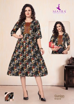 Gunjan by mayra pure reyon printed embroidered work kurti catalogue kurtis catalogs