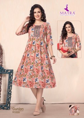 Gunjan by mayra pure reyon printed embroidered work kurti catalogue kurtis catalogs