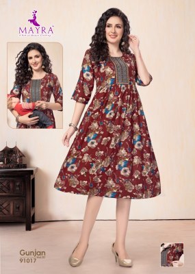 Gunjan by mayra pure reyon printed embroidered work kurti catalogue kurtis catalogs