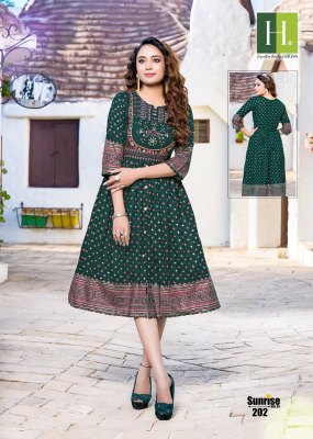 H dot Hirwa by Sunrise vol 2 heavy reyon ghera frock style kurti catalogue  kurtis catalogs