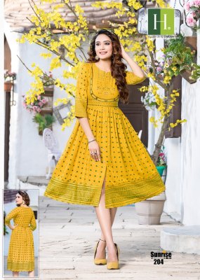 H dot Hirwa by Sunrise vol 2 heavy reyon ghera frock style kurti catalogue  kurtis catalogs